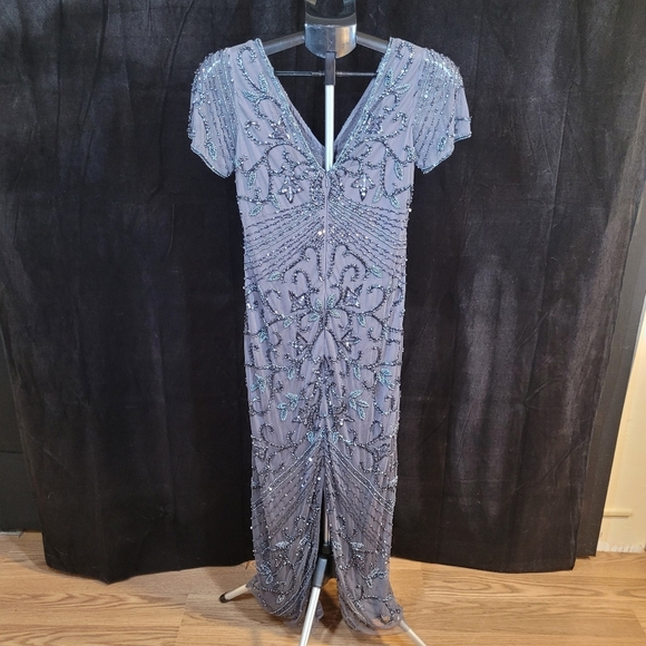 Elegant Gray Beaded Evening Dress - Picture 8 of 13